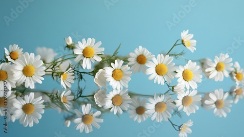 A decorative chamomile garland draped over a mirror, isolated on a powder blue background with reflective highlights