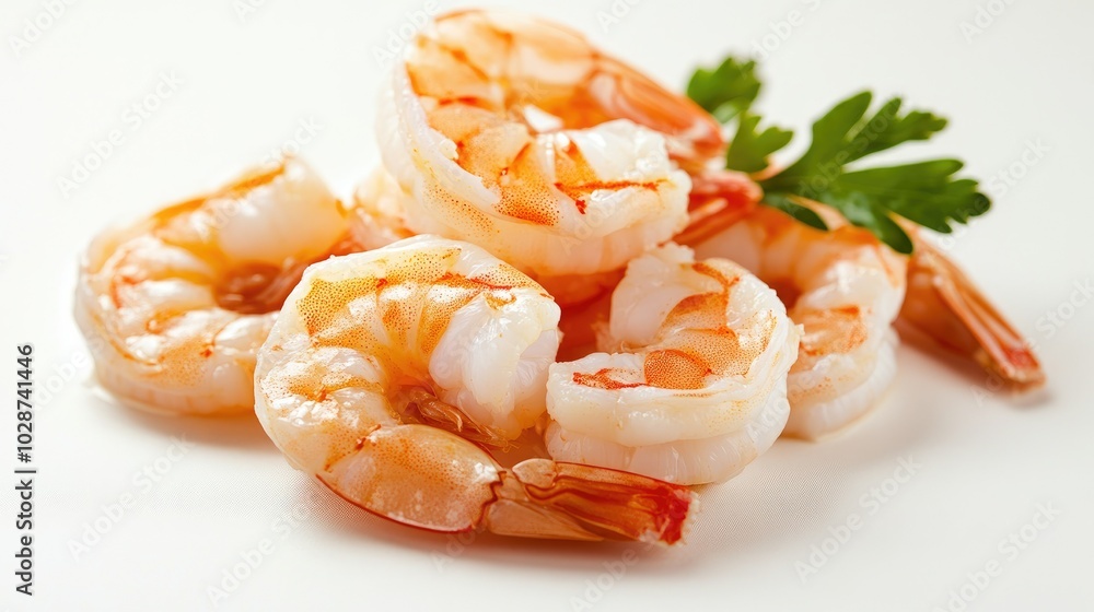 Fresh Shrimp on White Background with Green Garnish Fresh Shrimp on White Background with Green Garnish
