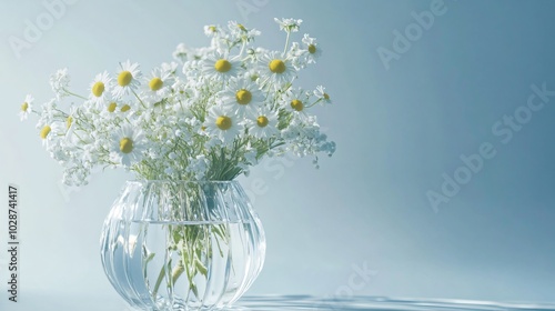 Wallpaper Mural A delicate chamomile bouquet in a crystal vase, isolated on a dusty blue background with reflective surfaces Torontodigital.ca