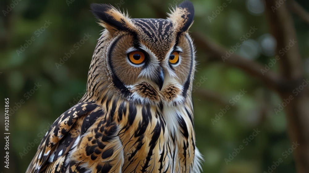 Fototapeta premium an owl with piercing yellow eyes and a captivating gaze. Its feathered face is framed by a halo of soft, brown feathers, and its distinctive ear tufts add to its regal appearance.