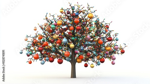 3d abstract christmas tree decorated with big balls and ligts photo