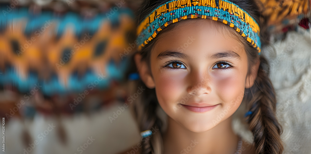 Portrait of smiling girl wearing native American traditional Indian jewelry and clothes isolated on white background Portrait of smiling girl wearing native American traditional Indian jewelry and clothes isolated on white background