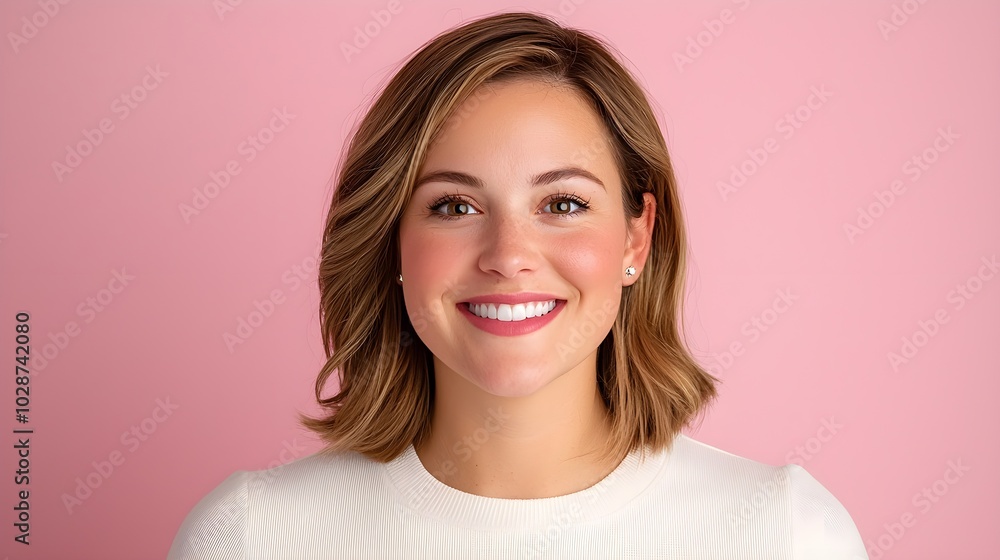 Cheerful woman with a bright smile against a pink backdrop Cheerful woman with a bright smile against a pink backdrop
