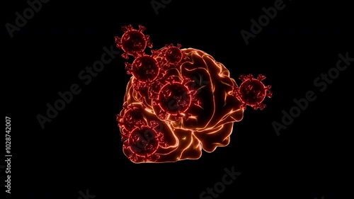 A glowing blue brain surrounded by red virus like shapes floating in a black background, symbolizing the concept of brain health and viral infections.