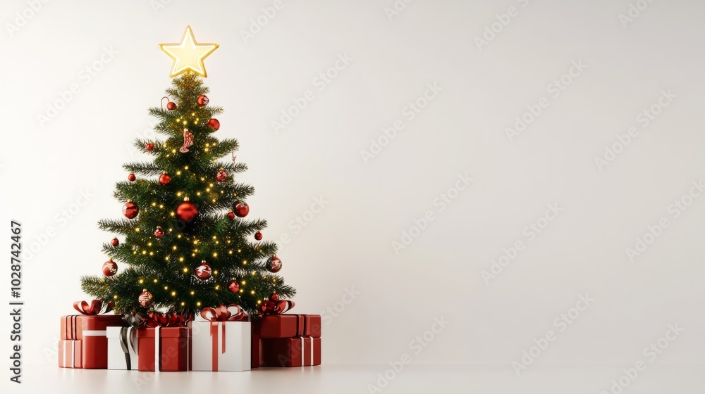 green christmas tree with gifts and shiny star green christmas tree with gifts and shiny star
