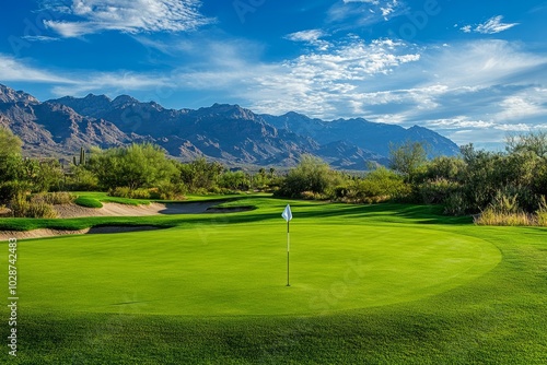 Golf course with a green at the end with a hole pin