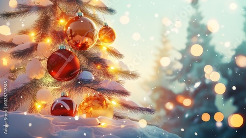 3d illustration chirstmas tree with ornmanets and lights photo