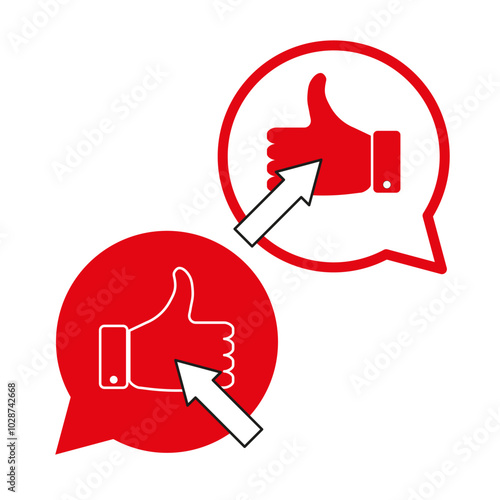 Thumbs up icons. Approval gesture symbol. Speech bubble graphic. Pointer arrow sign.