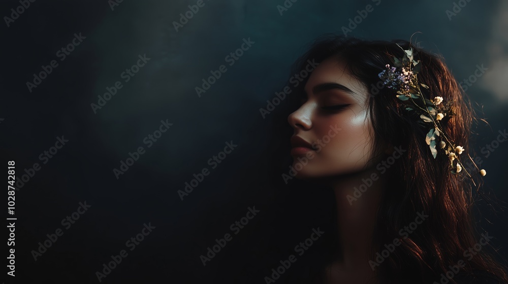 A young woman with a floral headpiece gazes thoughtfully against a dark background in an artistic portrait A young woman with a floral headpiece gazes thoughtfully against a dark background in an artistic portrait