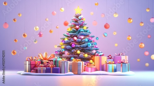 3d illustration chirstmas tree with ornmanets and lights photo