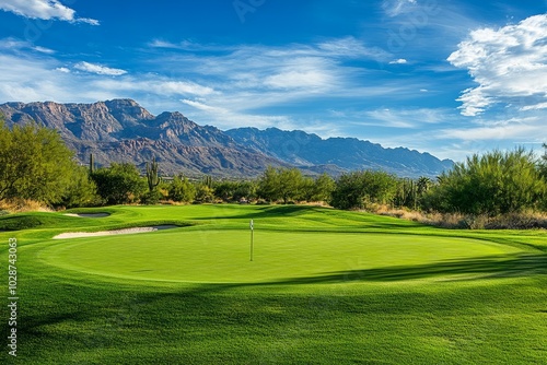 Golf course with a green at the end with a hole pin