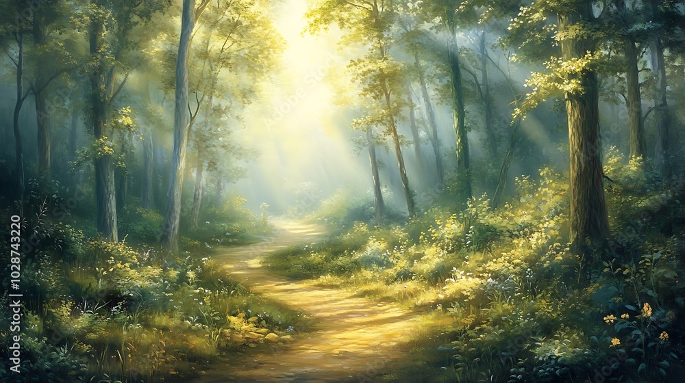 A sunlit path winds through a lush green forest, the light illuminating the foliage and creating a sense of peace and tranquility. A sunlit path winds through a lush green forest, the light illuminating the foliage and creating a sense of peace and tranquility.