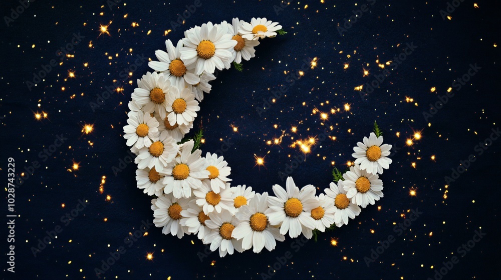 Fototapeta premium Chamomile flowers arranged in a crescent moon shape, isolated on a dark navy background with glowing stardust