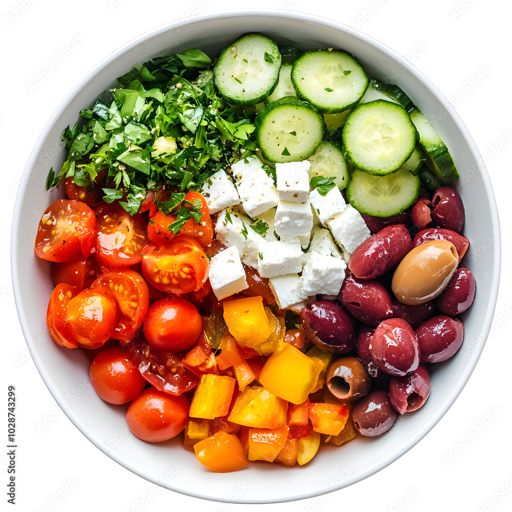 Top view healthy salad white bowl filled with fresh ingredients - tomatoes, cucumbers, olives and feta cheese isolated on white background Top view healthy salad white bowl filled with fresh ingredients - tomatoes, cucumbers, olives and feta cheese isolated on white background