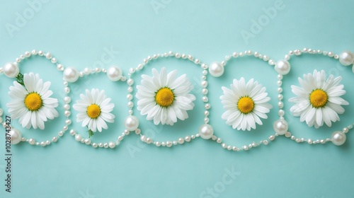 Chamomile flowers arranged in a polka dot pattern, isolated on a soft pastel blue background with decorative pearls photo