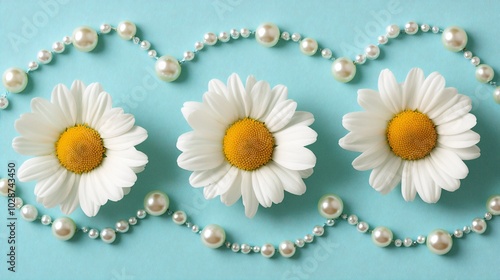 Chamomile flowers arranged in a polka dot pattern, isolated on a soft pastel blue background with decorative pearls photo