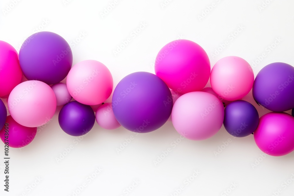 Bunch of balloons in various colors, including pink and purple. Balloons are arranged in a way that creates a sense of movement, flow. pink, purple balloon garland on white background, low-angle shot Bunch of balloons in various colors, including pink and purple. Balloons are arranged in a way that creates a sense of movement, flow. pink, purple balloon garland on white background, low-angle shot