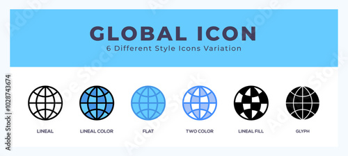 Global icon set with different styles. Design elements for logo. Vector illustration.