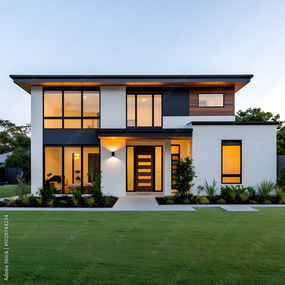 Modern two-story home with sleek design and lush landscaping Modern two-story home with sleek design and lush landscaping