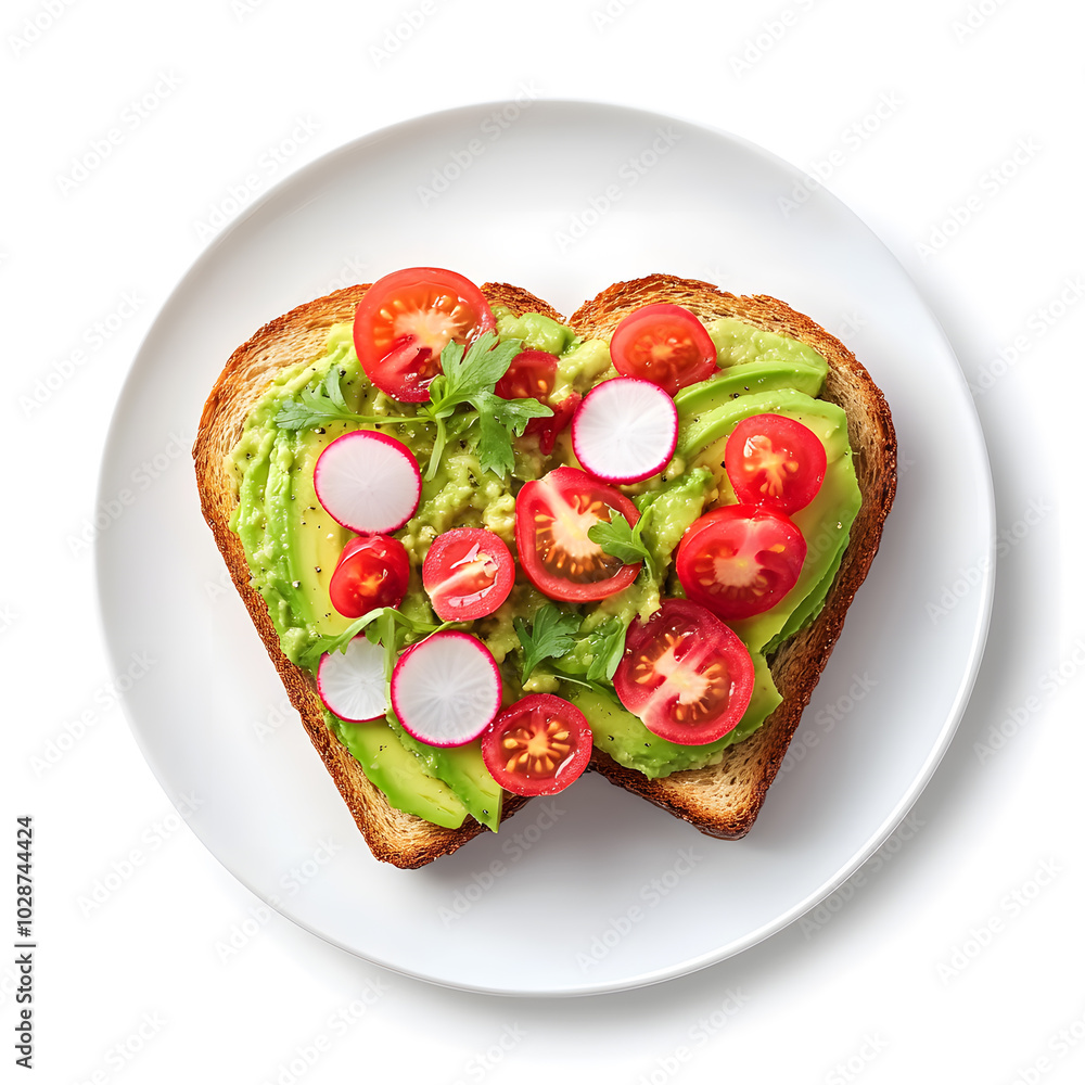 Top view Delicious avocado toast topped with cherry tomatoes and radishes isolated on white background Top view Delicious avocado toast topped with cherry tomatoes and radishes isolated on white background