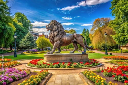 Scenic Landscape of Maiwand Lion in Forbury Gardens, Reading - Captivating Park View in Berkshire, England Featuring Lush Greenery and Historical Monument Under Clear Blue Sky photo