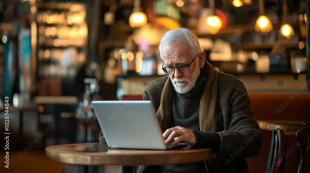 Elderly man using a laptop in a cafe Elderly man using a laptop in a cafe