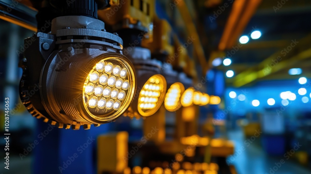 A series of lights are hanging from the ceiling in a factory A series of lights are hanging from the ceiling in a factory
