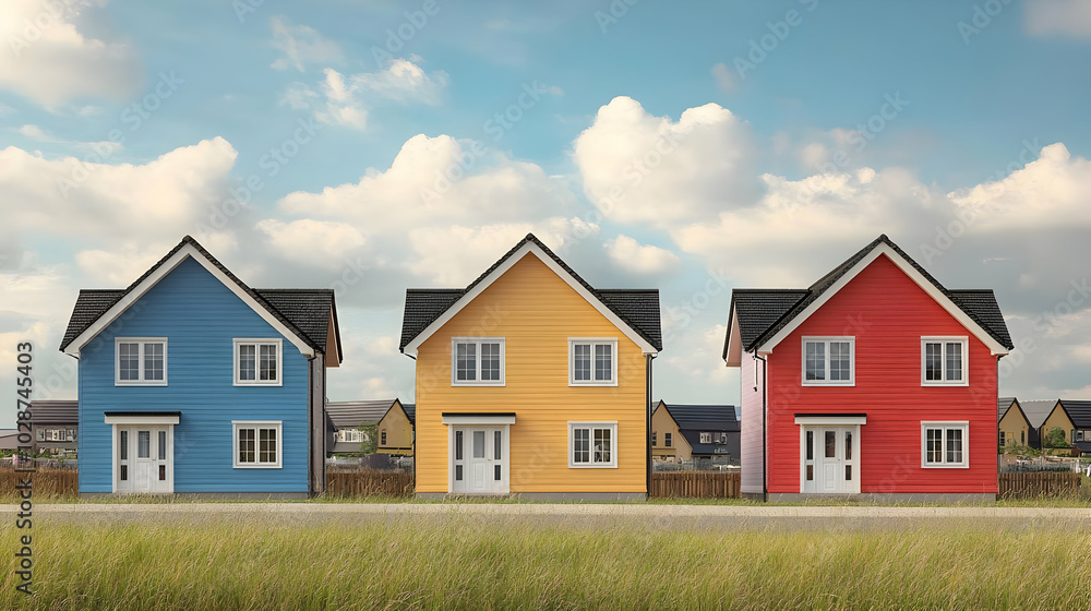 Three colorful houses lined up in a grassy field under a cloudy sky.
