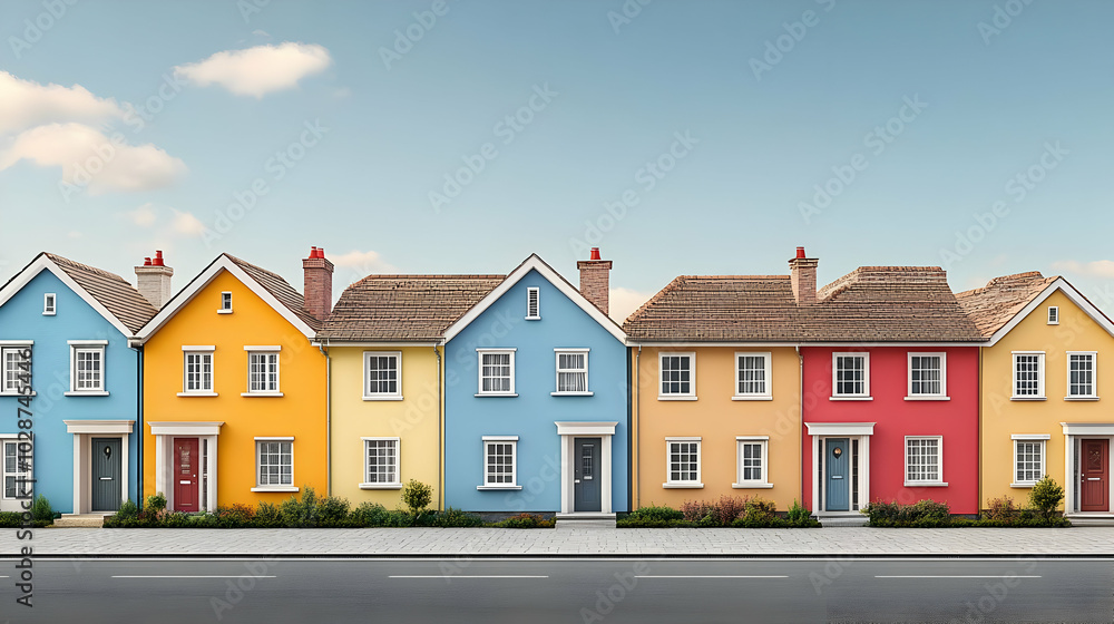 Colorful row of houses with vibrant facades and neat landscaping. Colorful row of houses with vibrant facades and neat landscaping.