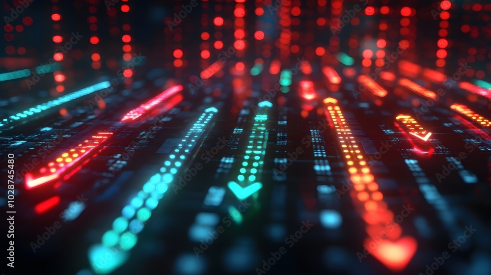 3D Glowing Arrows in Red and Green Directions 3D Glowing Arrows in Red and Green Directions