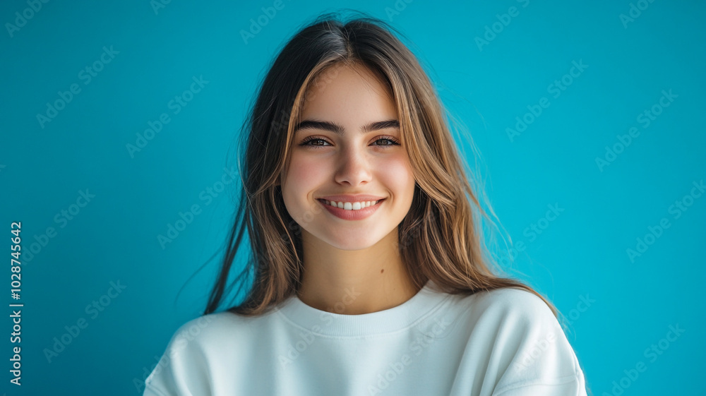 smiling woman in a white sweatshirt on a blue background. smiling woman in a white sweatshirt on a blue background.
