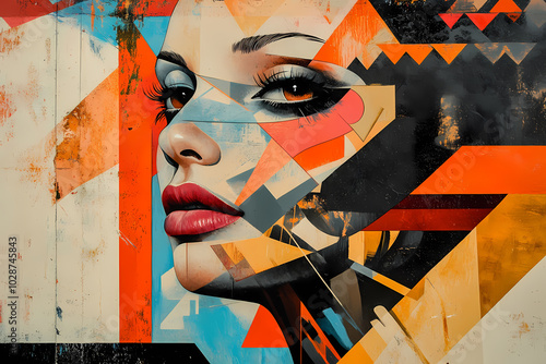 An abstract artistic portrayal of a female face seamlessly blended with geometric shapes, bold lines, and vibrant patterns