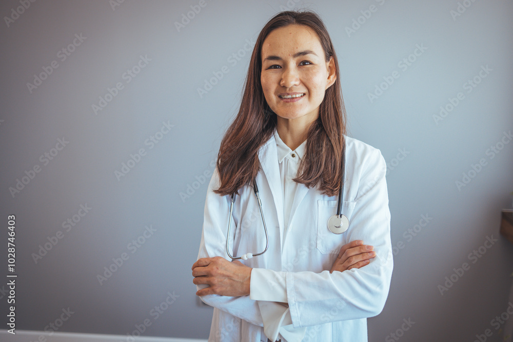 Confident Female Doctor Smiling with Stethoscope in Medical Office Confident Female Doctor Smiling with Stethoscope in Medical Office