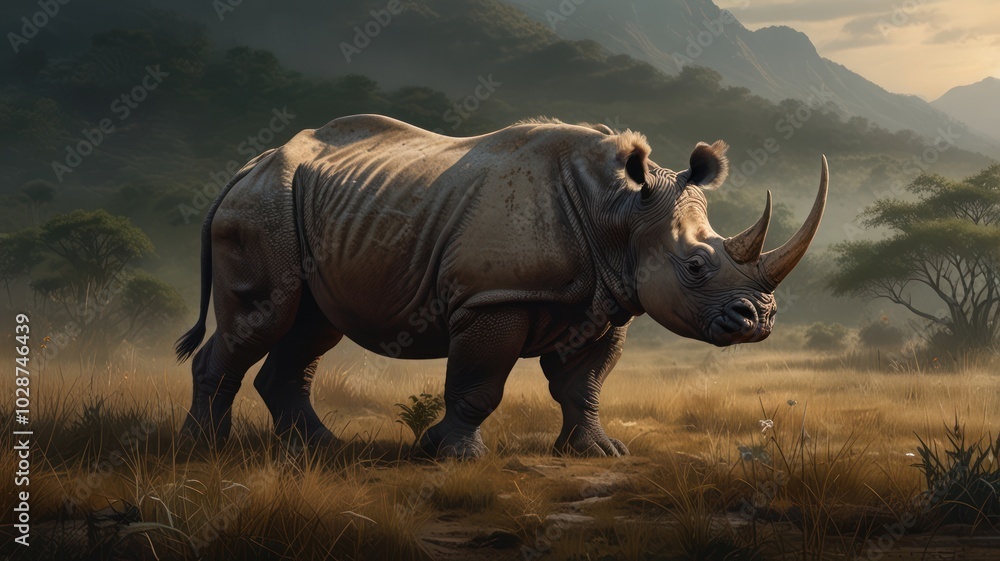 Fototapeta premium a rhinoceros with a strong body and thick gray skin that conveys a sense of strength and resilience. Sunlight filtered through the dense leaves, casting mottled shadows on the creature's large body.