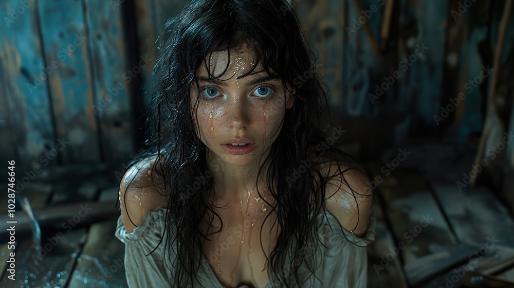 Obraz premium Intense Portrait of a Woman with Wet Hair and Blue Eyes