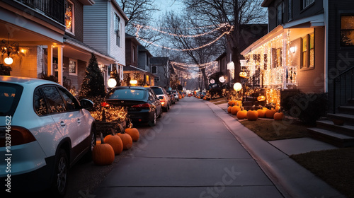 Residential street decorated for Halloween with pumpkins and string lights during dusk, with cars parked along sidewalks and bare trees overhead.