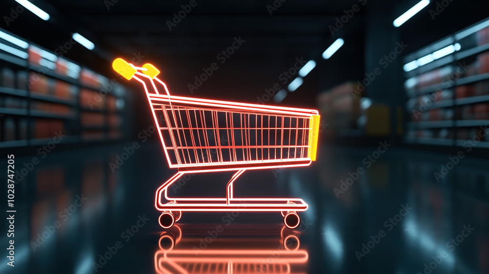 Neon glowing shopping cart outline in dark aisle background with reflections on the floor, creating a futuristic retail concept. Neon glowing shopping cart outline in dark aisle background with reflections on the floor, creating a futuristic retail concept.