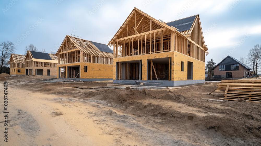 Φωτογραφία New residential housing construction site with multiple wooden framed buildings in progress, clear sky, and surrounding materials