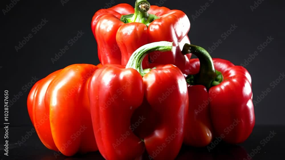 Fresh red bell peppers stacked artistically on a dark background Fresh red bell peppers stacked artistically on a dark background