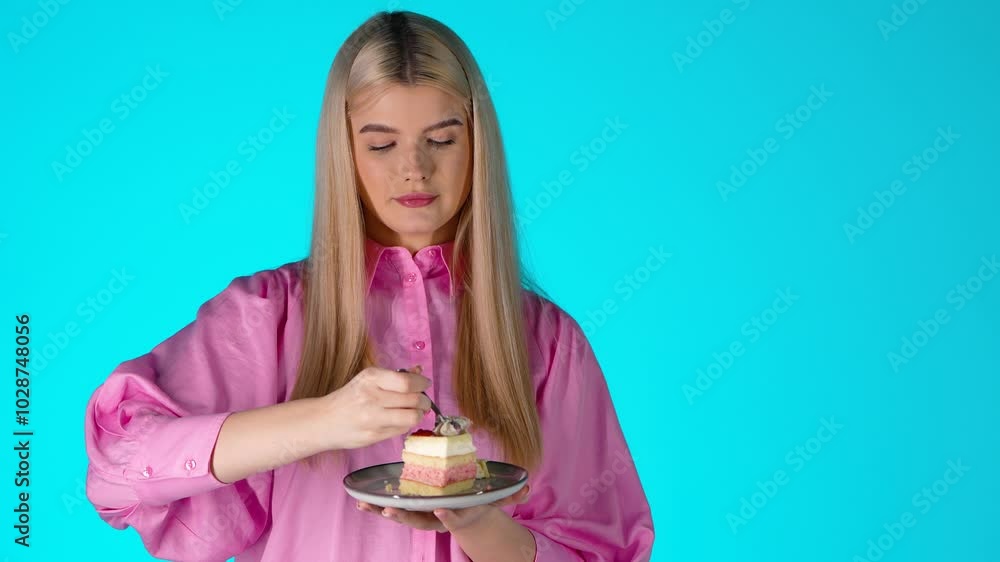 Young Blonde Woman Holding Plate Of Cake and Eating With Fork, Studio Portrait Young Blonde Woman Holding Plate Of Cake and Eating With Fork, Studio Portrait