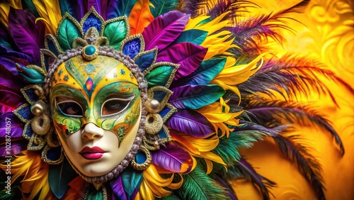 Venice Festival Lace Carnival Mask with Colorful Feathers on Yellow Background