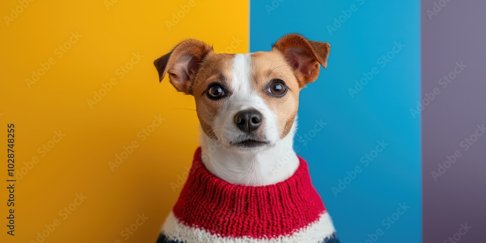 A Dog wearing a Christmas jumper against a vibrant background A Dog wearing a Christmas jumper against a vibrant background