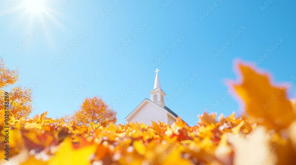 Serene Autumn Scene at Small Country Church with Vibrant Leaves and White Steeple Reaching Skyward, Capturing Ultra-Detailed, Cinematic Light Serene Autumn Scene at Small Country Church with Vibrant Leaves and White Steeple Reaching Skyward, Capturing Ultra-Detailed, Cinematic Light
