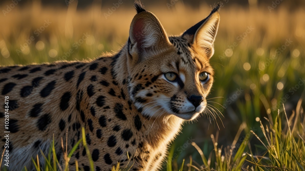 Obraz premium a serval, its distinctive spotted fur blending perfectly with the golden hues of the savanna. The setting sun casts a warm glow over the scene.