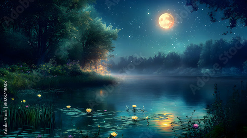 Serene night landscape with a glowing moon and tranquil water.