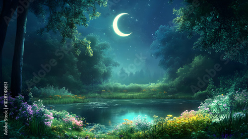 Serene night landscape with a crescent moon and tranquil water.