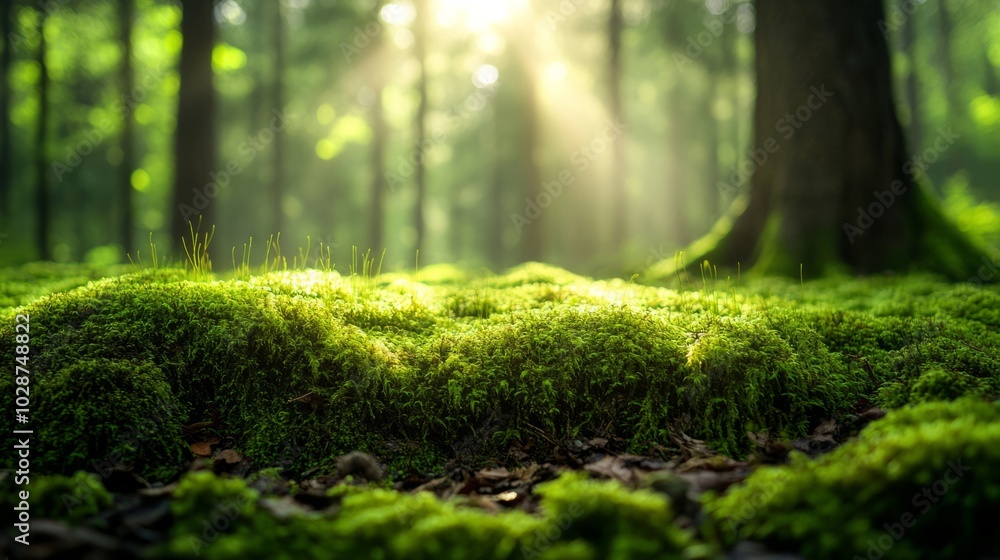 In the forest, moss grows on tree trunks and roots, and there is sunlight shining through the trees in an endless green pine forest. In the forest, moss grows on tree trunks and roots, and there is sunlight shining through the trees in an endless green pine forest.