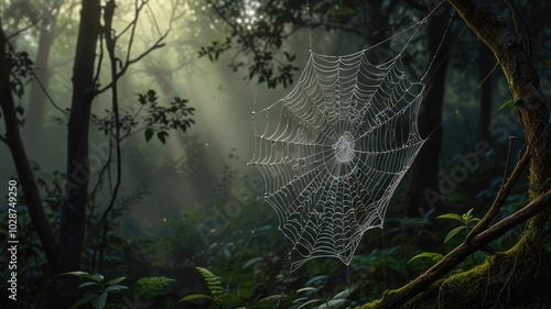 A large spider web stretches between two trees in a dense forest shrouded in mist. Dewdrops glistened on the intricate weave, illuminated by the faint moonlight that filters through the canopy.
