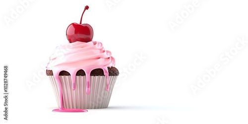 Pink cupcake with chocolate base and a cherry on top, with pink icing dripping down the sides.