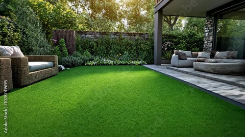 A lush green artificial lawn sits outside a modern home, perfect for enjoying a relaxing afternoon
